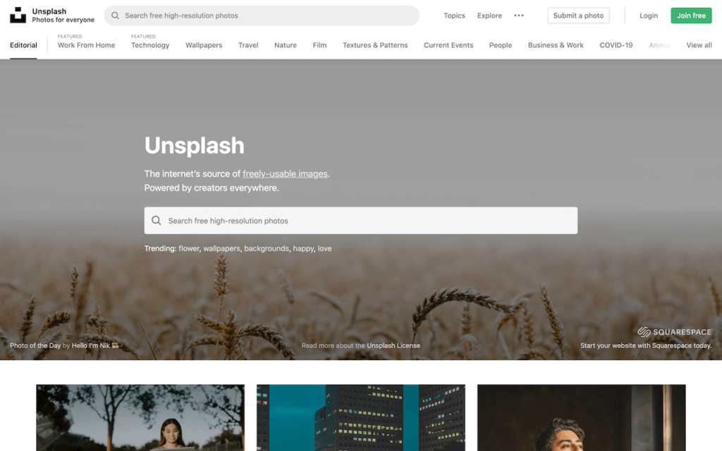 unsplash homepage